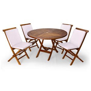 Ensemble à diner de patio rond en bois de teck avec coussins de chaise par All Things Cedar, lot de 5, Java/blanc royal