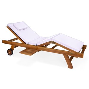 Chaise longue en bois de teck Java stationnaire avec siège en lattes et coussin blanc royal par All Things Cedar, lot de 1
