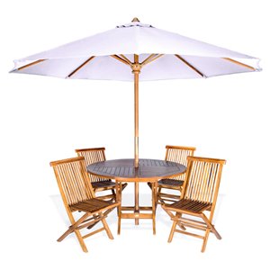 Ensemble à diner de patio rond en teck avec parasol de marché et coussins par All Things Cedar, lot de 6, Java/blanc royal