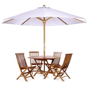 All Things Cedar 6-Piece Brown Java Teak Frame Octagon Patio Dining Set with Royal White Cushions and Market Umbrella