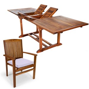 All Things Cedar 7-Piece Java Brown Teak Frame Rectangular Patio Dining Set with Royal White Cushions Included