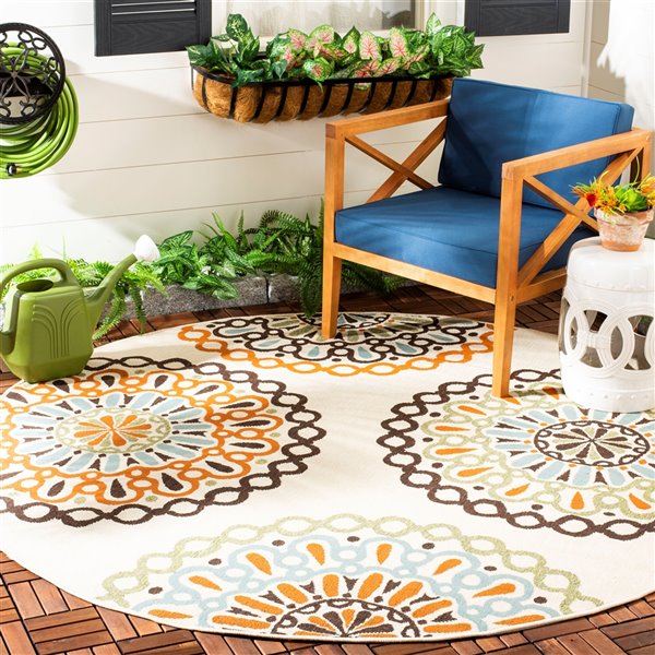 Safavieh Veranda Felizitas 5-ft x 5-ft Cream/Terracotta Round Indoor/Outdoor Floral/Botanical Bohemian/Eclectic Area Rug