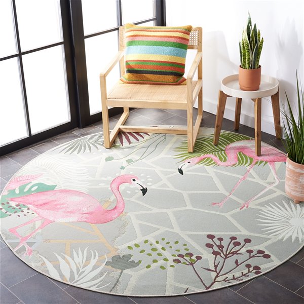 Safavieh Barbados 7-ft x 7-ft Grey/Pink Round Indoor/Outdoor Floral/Botanical Tropical Area Rug