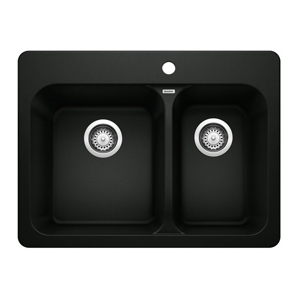 BLANCO Vision Drop-in 27.56-in x 20.67-in Coal Black Double Offset Bowl 1-hole Kitchen Sink