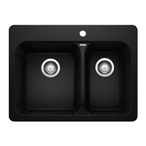 BLANCO Vision Drop-in 27.56-in x 20.67-in Coal Black Double Offset Bowl 1-hole Kitchen Sink