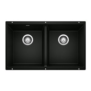 BLANCO PRECIS U 2 Undermount 29.75-in x 18.11-in Coal Black SILGRANIT Double Bowl Kitchen Sink