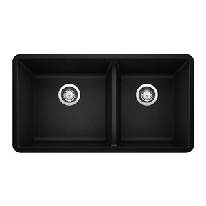 BLANCO Precis Undermount 33-in x 18-in Coal Black Double Offset Bowl Kitchen Sink