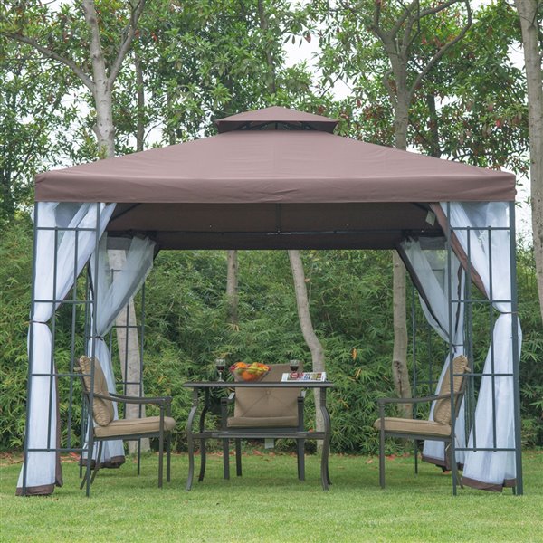 Outsunny Coffee Metal Square Semi-Permanent Gazebo with Screen and Polyester Roof 10 x 10-ft