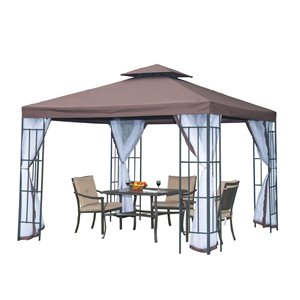 Outsunny Coffee Metal Square Semi-Permanent Gazebo with Screen and Polyester Roof 10 x 10-ft