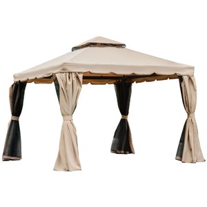 Abri-soleil en acier 10 x 10 pi Outsunny à toit double souple kaki, rideaux et moustiquaires inclus