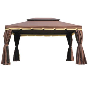 Outsunny The Pavilion Coffee Metal Rectangle Semi-permanent Gazebo with Screen Included and Polyester Roof - 9.5-ft x 12.8-ft