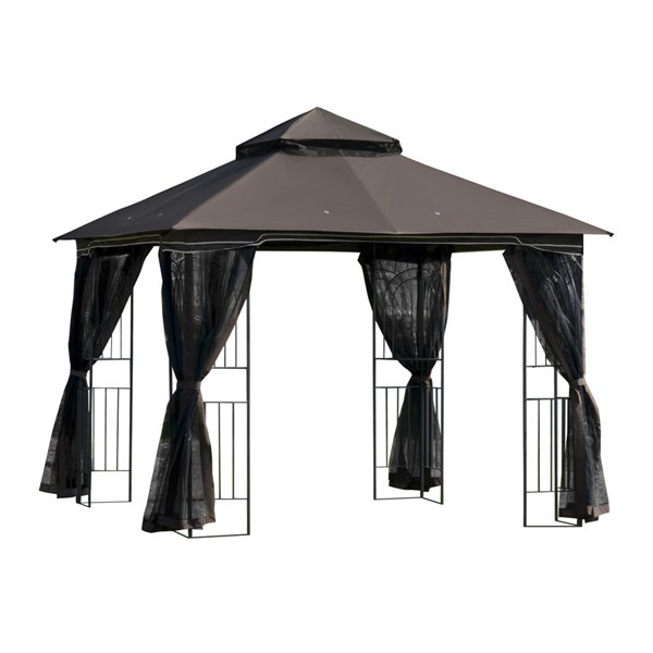 Abri-soleil carré en métal Outsunny à toit en polyester brun café foncé et moustiquaire incluse, 9,8 x 9,8 pi