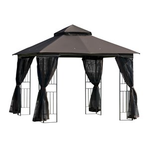 Outsunny Dark Coffee Brown Metal Square Semi-permanent Gazebo with Polyester Roof and Screen included - 9.8 x 9.8-ft