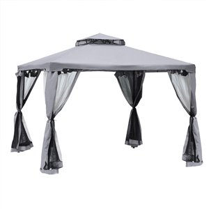Gazebo semi-permanent carré en métal gris Outsunny avec moustiquaire et toit en polyester, 9,6 pi x 9,6 pi
