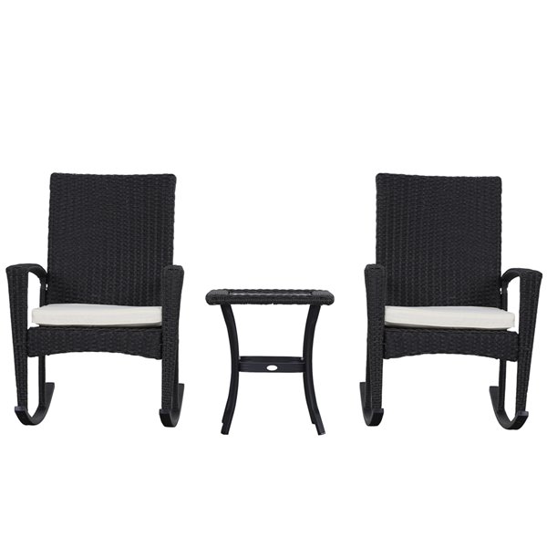 Outsunny Rocking Chair Set Black Rattan Wood Rocker Balcony Chairs with White Solid Seat