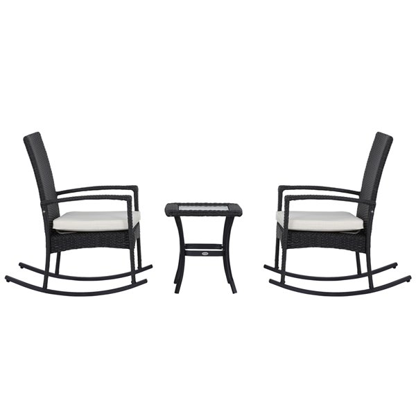 Outsunny Rocking Chair Set Black Rattan Wood Rocker Balcony Chairs with White Solid Seat