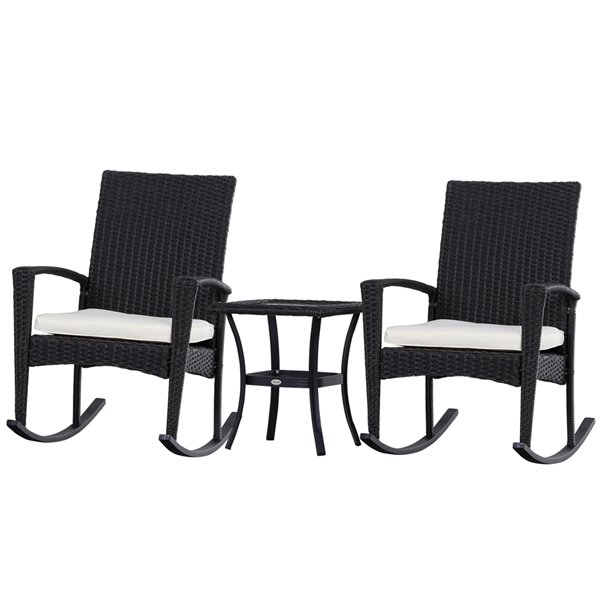 Outsunny Rocking Chair Set Black Rattan, Suncrown 3 Piece Outdoor Patio Wicker Bistro Rocking Chair Set