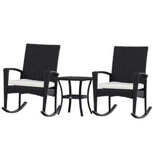 Outsunny Rocking Chair Set Black Rattan Wood Rocker Balcony Chairs with White Solid Seat