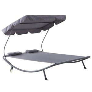 Outsunny Grey Polyester Fabric Double Hammock Bed with Adjustable Canopy and Headrest Pillows