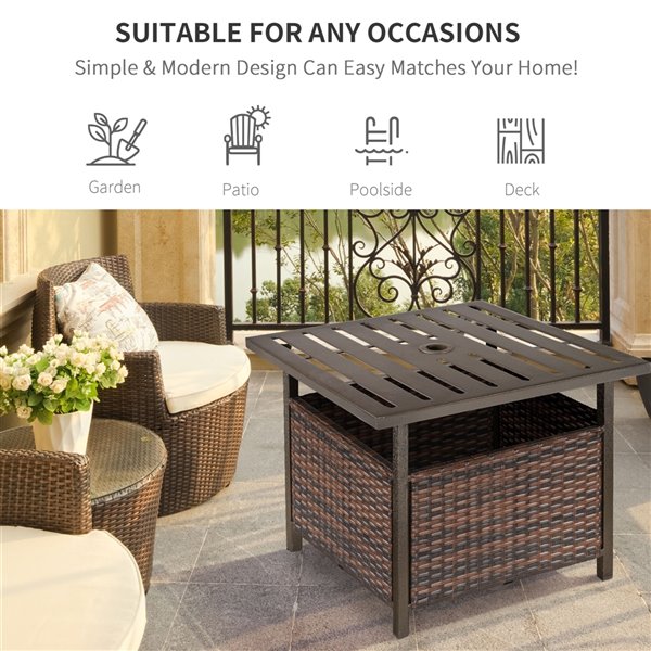 Outsunny Brown Square Rattan Outdoor, Brown Patio Table With Umbrella Hole