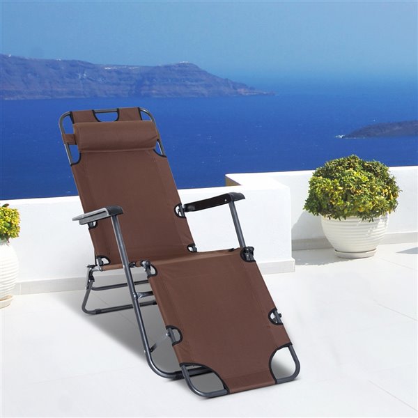 Outsunny Deck Chair Black Stackable Metal Stationary Chaise Lounge Chair with Brown Solid Seat