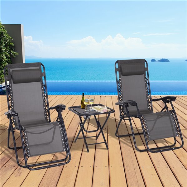 Outsunny Black Metal Stationary Reclining Lounge Chairs and Side Table Set with Grey Solid Polyester Seat