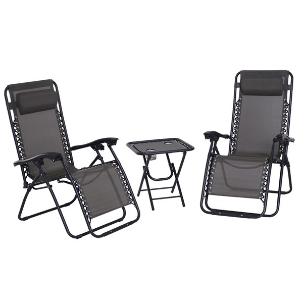 Outsunny Black Metal Stationary Reclining Lounge Chairs and Side Table Set with Grey Solid Polyester Seat