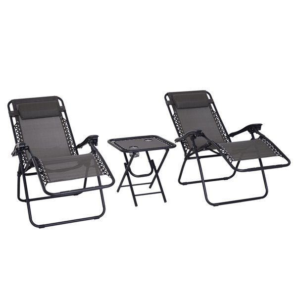 Outsunny Black Metal Stationary Reclining Lounge Chairs and Side Table Set with Grey Solid Polyester Seat