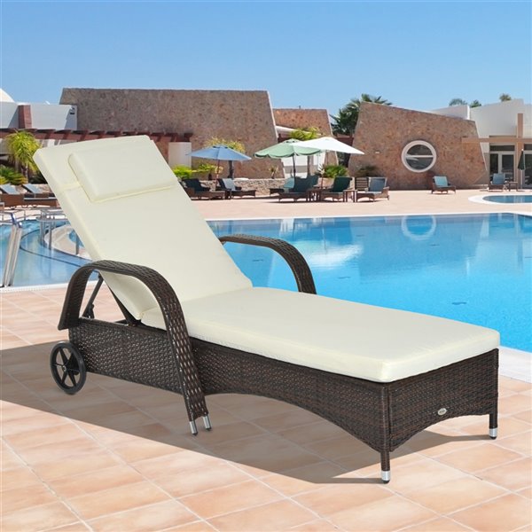 Outsunny Brown Steel and Wicker Reclining Chair with Off-White Cushion