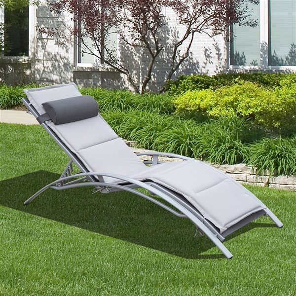 Outsunny Deck Chair Grey Stackable Metal Stationary Chaise Lounge Chair with White Solid Seat