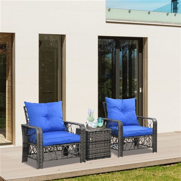 Ensemble de mobilier 3 pièces avec chaises et table en osier brun Outsunny avec sièges coussinés bleus