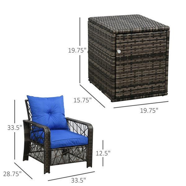 Ensemble de mobilier 3 pièces avec chaises et table en osier brun Outsunny avec sièges coussinés bleus
