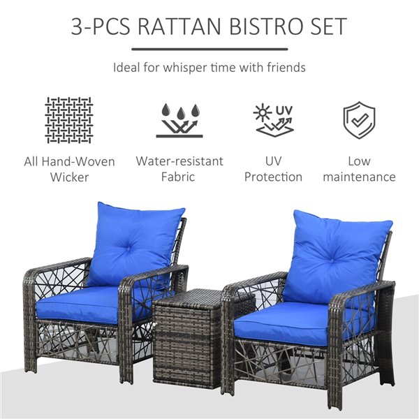 Outsunny 3 Pcs Patio Wicker Brown Table, Charleston 3 Piece Wicker Patio Sectional Set With Cushions