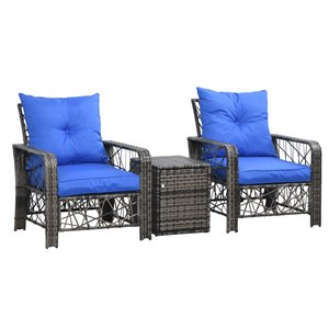 Ensemble de mobilier 3 pièces avec chaises et table en osier brun Outsunny avec sièges coussinés bleus