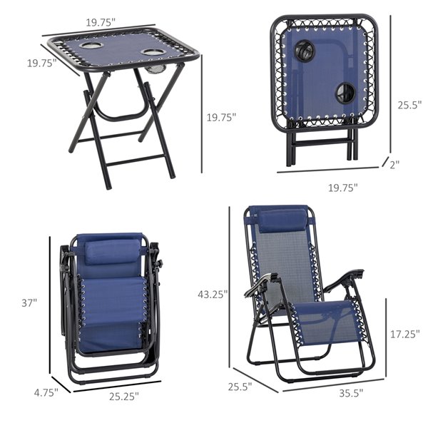 Outsunny Lounge Set Black Metal Stationary Chaise Lounge Chairs with Blue Solid Seat