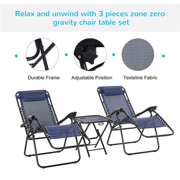 Outsunny Lounge Set Black Metal Stationary Chaise Lounge Chairs with Blue Solid Seat