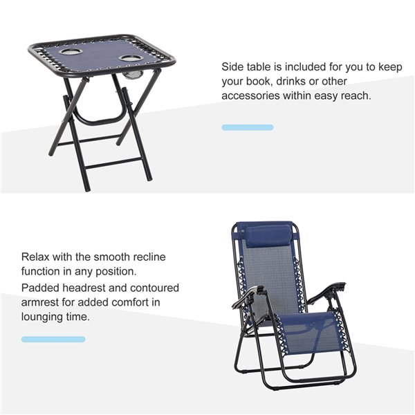 Outsunny Lounge Set Black Metal Stationary Chaise Lounge Chairs with Blue Solid Seat