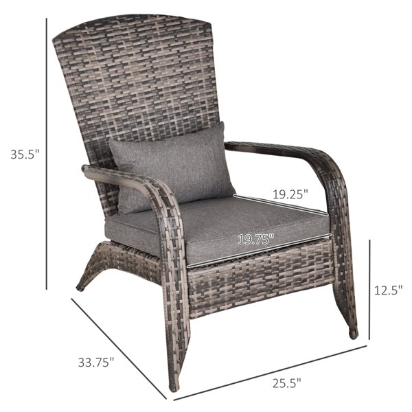 Outsunny Frog Chair Grey Rattan Wood Stationary Adirondack Chair with Grey Solid Seat