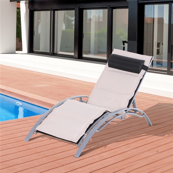 Outsunny Deck Chair Grey Stackable Metal Stationary Chaise Lounge Chair with White Cushioned Seat