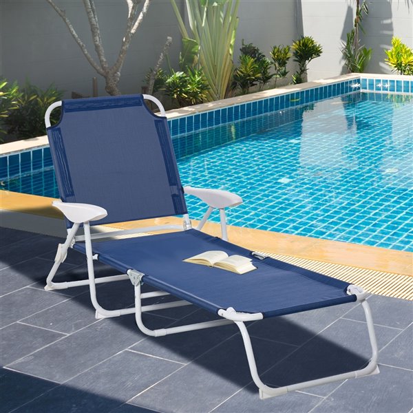 Outsunny Deck Chair Grey Metal Stationary Chaise Lounge Chair - Blue Solid Seat