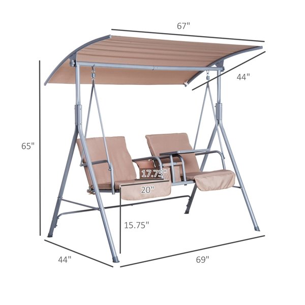 Outsunny 2-Seater Beige Polyester/Silver Steel Outdoor Swing Chair w/ Pivot Table and Storage Console