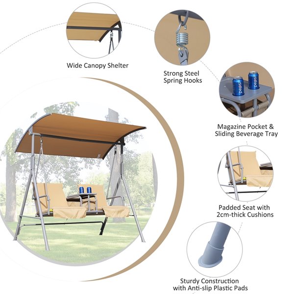 Outsunny 2-Seater Beige Polyester/Silver Steel Outdoor Swing Chair w/ Pivot Table and Storage Console