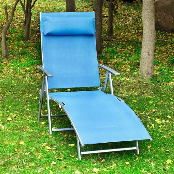 Outsunny Deck Chair Black Metal Stationary Chaise Lounge Chair (Blue Solid Seat)