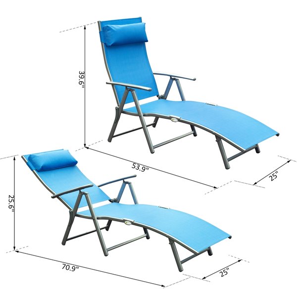 Outsunny Deck Chair Black Metal Stationary Chaise Lounge Chair (Blue Solid Seat)
