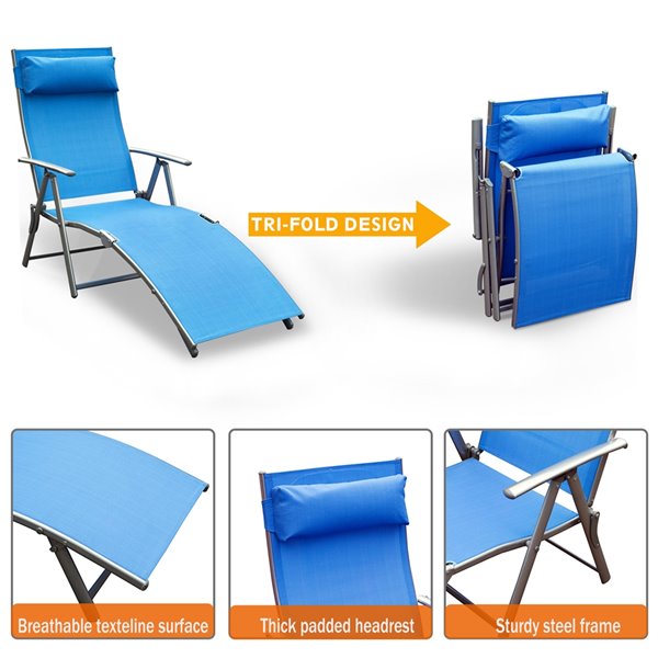 Outsunny Deck Chair Black Metal Stationary Chaise Lounge Chair (Blue Solid Seat)