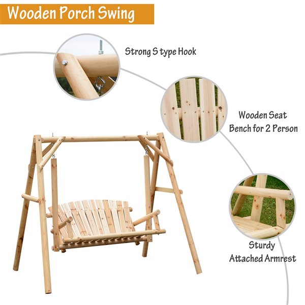 Outsunny 2-person Natural Wood Outdoor Swing Chair