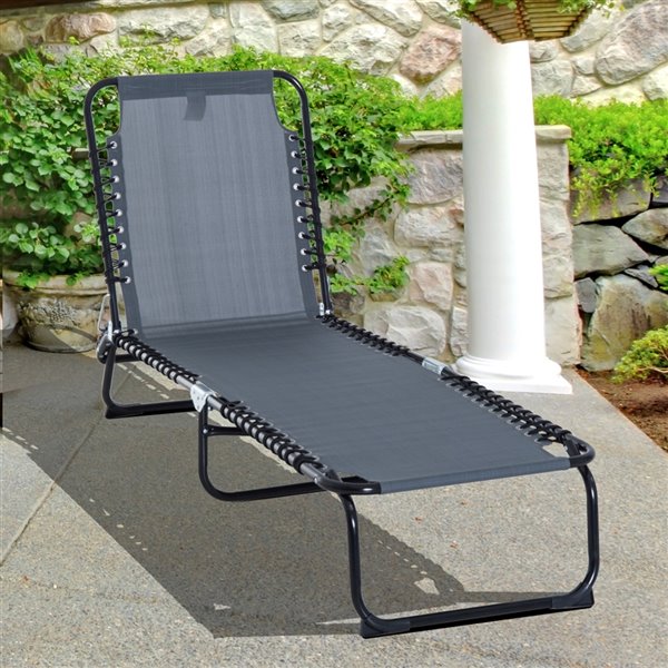 Outsunny Deck Chair Black Metal Stationary Chaise Lounge Chair (Grey Seat)