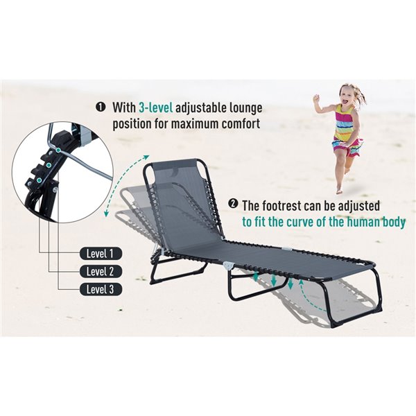 Outsunny Deck Chair Black Metal Stationary Chaise Lounge Chair (Grey Seat)