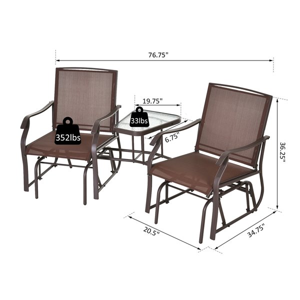 Outsunny Rocking Chair 2-person Brown Steel Outdoor Glider with Tea Table