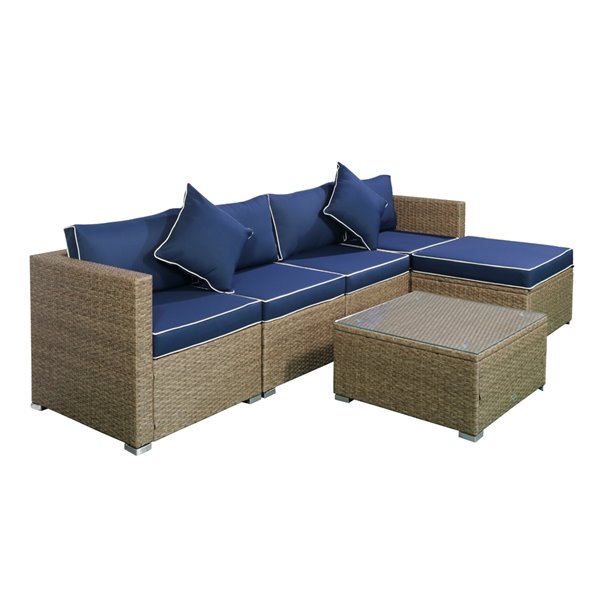 Outsunny 6 Piece Outdoor Patio Wicker Sofa Set with Cushions, Navy Blue
